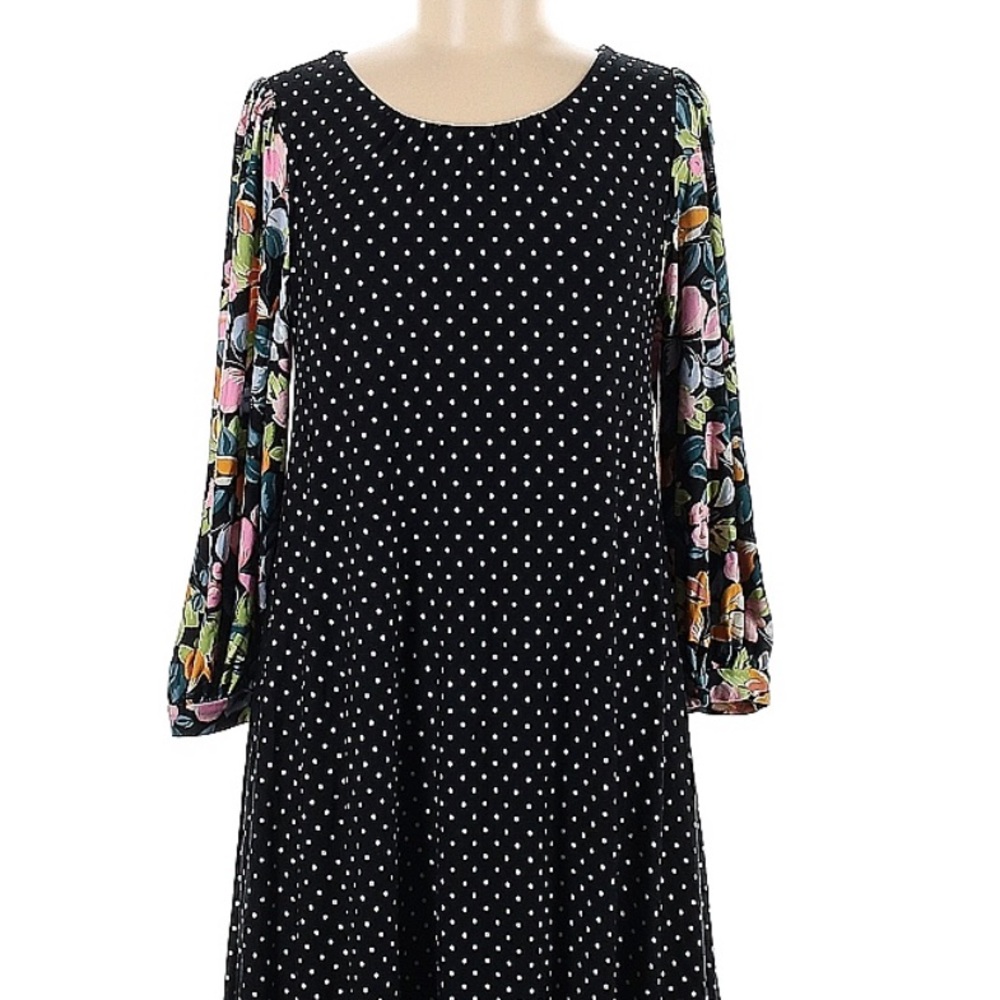 Anthropologie Black Polka Dot Dress with Floral Sleeves